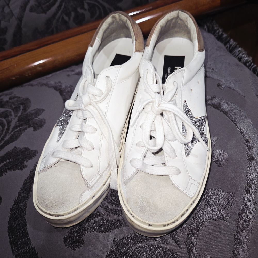 Golden Goose White Sneakers with Silver Glitter Star - Picture 4 of 7